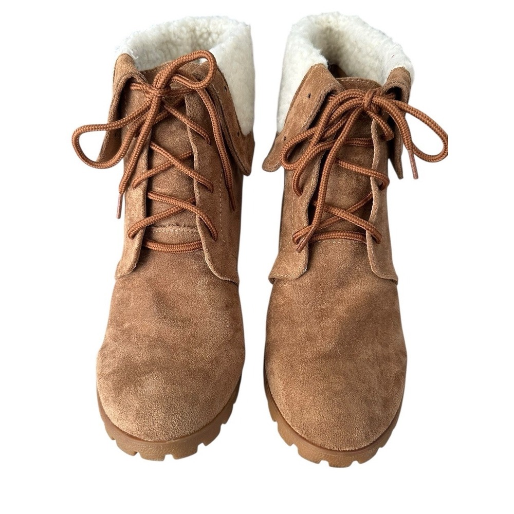 Nautica Rendon Lace Up Boots Sz 10 Wedge Ankle Booties Fold Over Faux Fur EUC‎